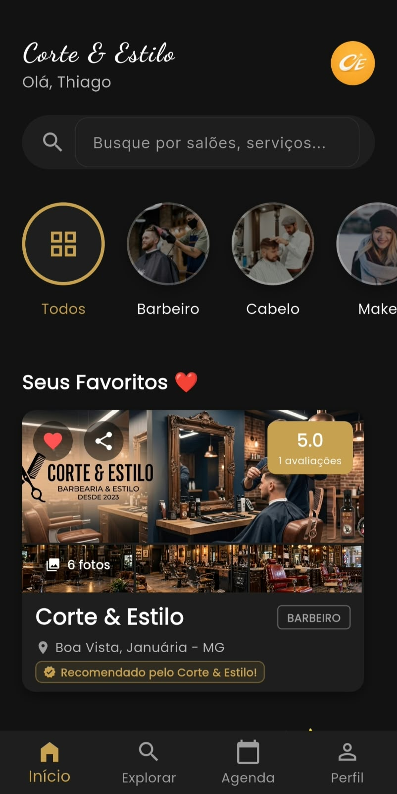 Tela real de início do aplicativo Corte & Estilo