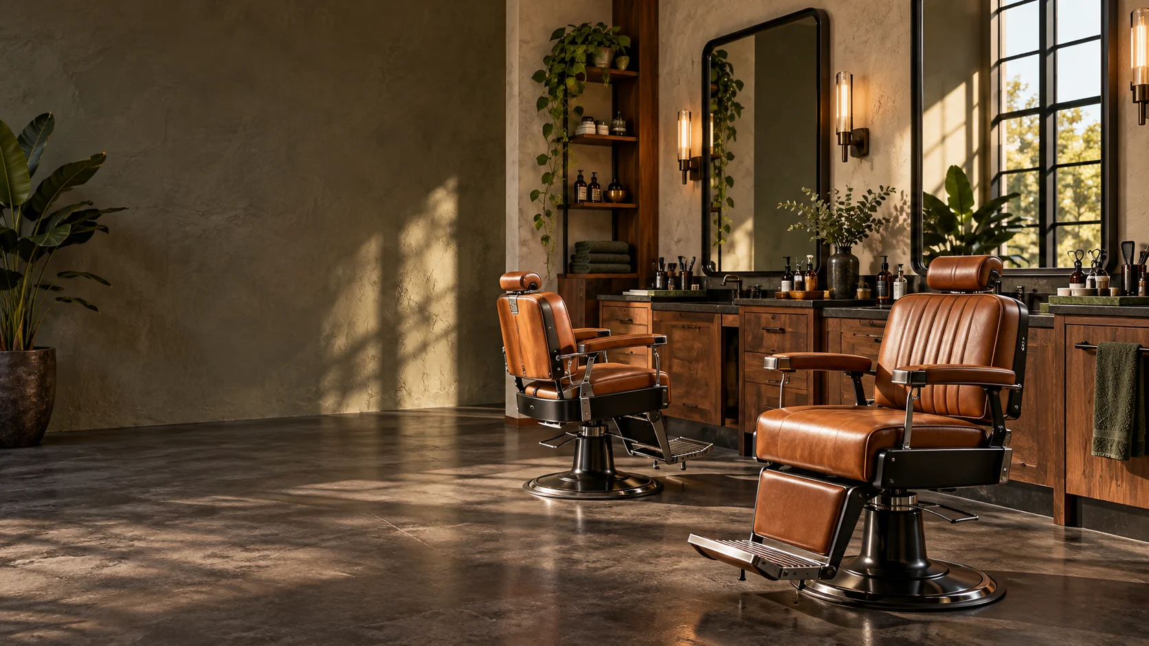 Barbearia vazia com cadeiras de couro e luz natural