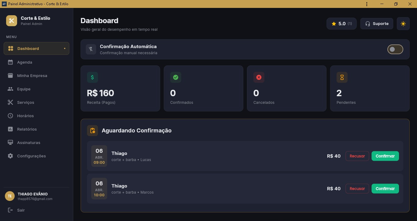 Painel web do Corte e Estilo com dashboard, KPIs e agenda da barbearia