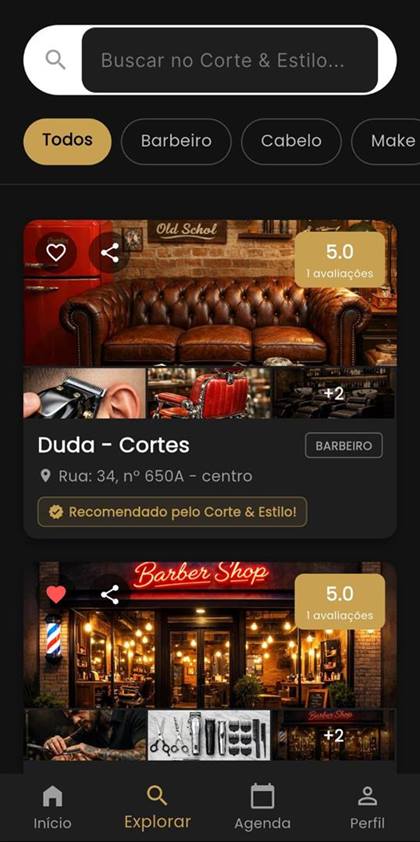 Tela do app Corte e Estilo com marketplace de barbearias